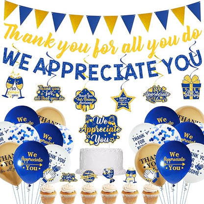 DARUNAXY Blue Gold We Appreciate You Decorations, Thank You All You Do Banner Hanging Swirl Confetti Balloons for Retirement Office Coworker Staff Teachers Nurse Appreciation Gifts Party Supply