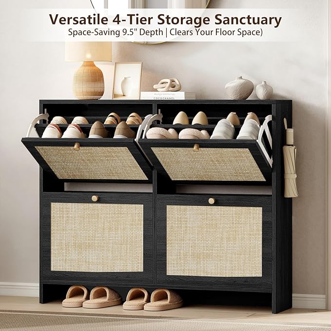 Nicetree Shoe Cabinet Storage for Entryway, 4-Flip Drawer Narrow Shoe Rack, Organic Modern Rattan Shoe Organizer with Gold Legs, Shoe Organizer Fits Men's Size 13.5, Black