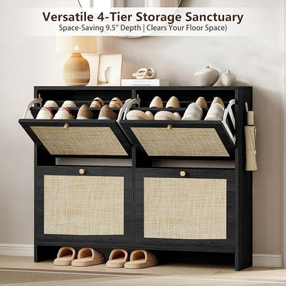 Nicetree Shoe Cabinet Storage for Entryway, 4-Flip Drawer Narrow Shoe Rack, Organic Modern Rattan Shoe Organizer with Gold Legs, Shoe Organizer Fits Men's Size 13.5, Black