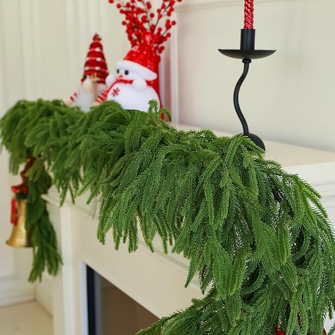 9FT Christmas Garland Artificial Norfolk Pine Garland，Handmade Real Touch Winter Greenery Faux Pine Needles Garland for Home Table Mantle Fireplace Indoor Outdoor Christmas Decor