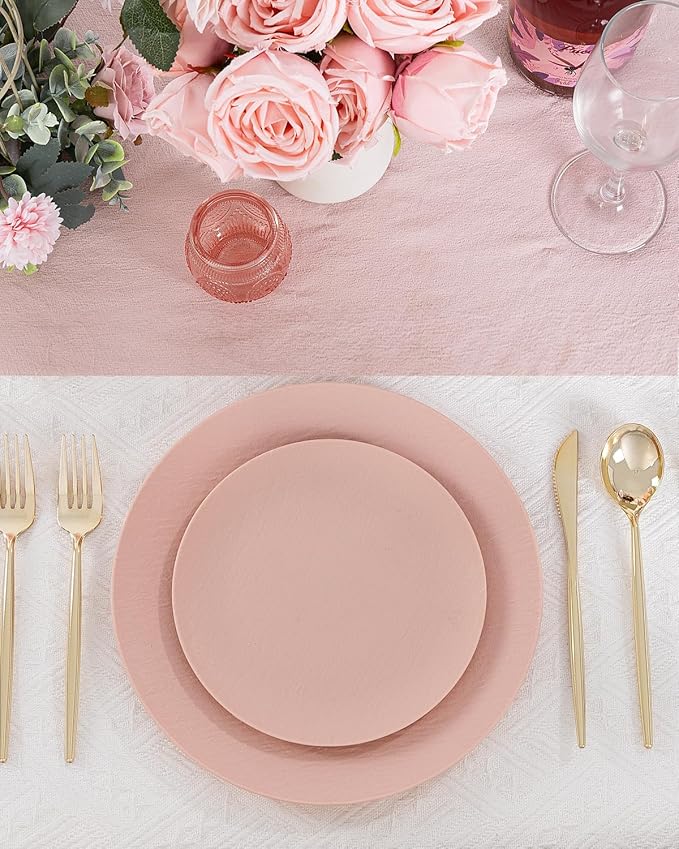 WONDERFUL 32pcs Pink Plastic Plates - Unbreakable and Reusable Pink Plates Dishwasher safe Dishes Set Includes:16 Dinner Plate 10" and 16 Dessert Plate 7.3" for Wedding Thanksgiving Christmas