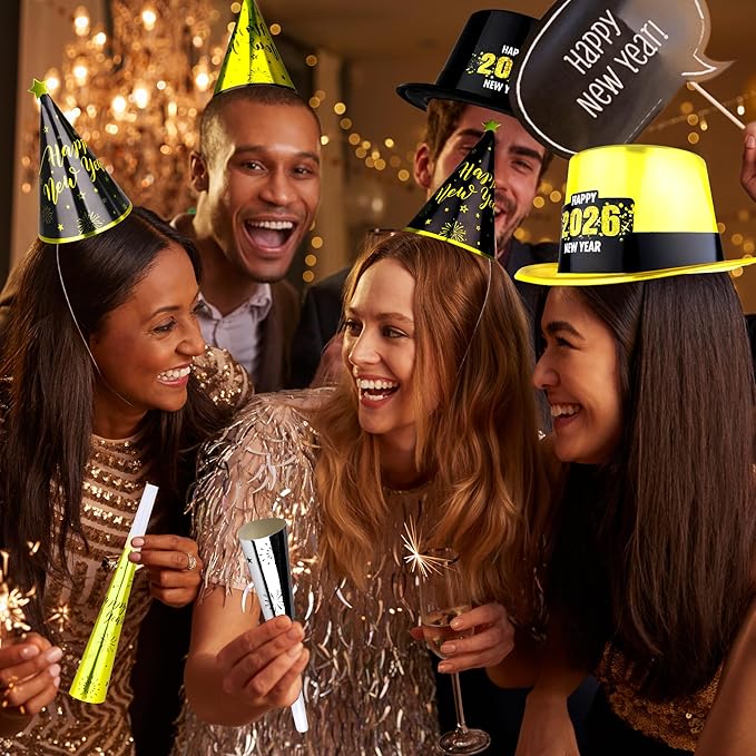 400PCS New Years Party Favors, 2026 New Years Party Hats 200 People, New Years Headbands Gold Black Silver, Plastic Cardboard New Year Supplies Cone Hats Party Blowers Horns