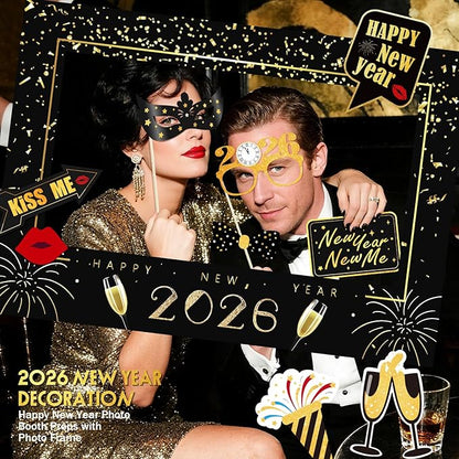 New Years Eve Party Supplies 2026, NYE Photo Booth Props Kit with Glitter Frame, 2026 Glasses & Mustache (Pack of 17)