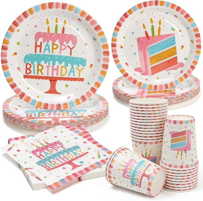 100pcs Birthday Party Plates Disposable Tableware Set Birthday Cake Pattern for 25 Guests Kid's Party Table Supplies（Include Plates, Cups and Napkins）