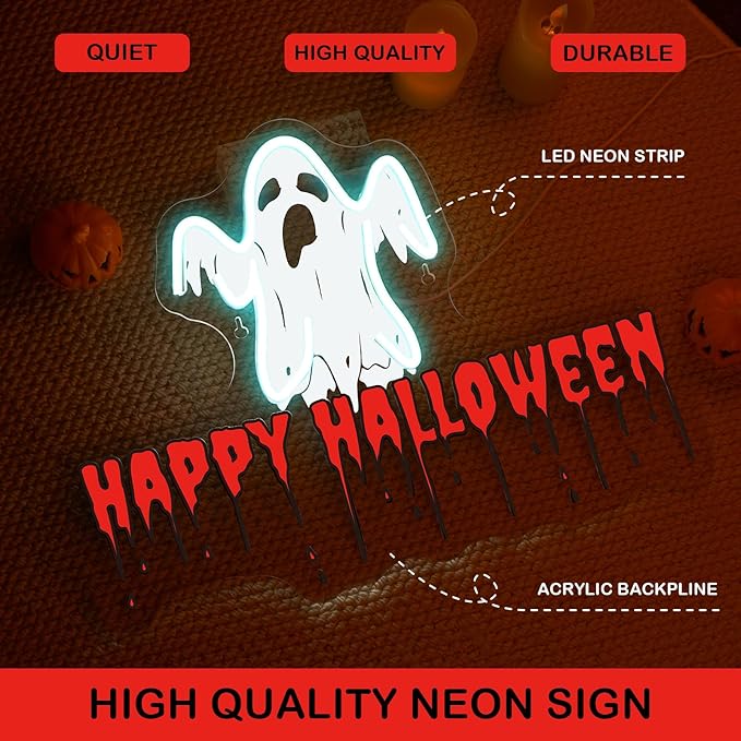 Horseneon Happy Halloween Neon Sign Bright LED Wall Decoration for Bars or Clubs USB Power Adjustable Brightness Ghost Neon Signs for Halloween