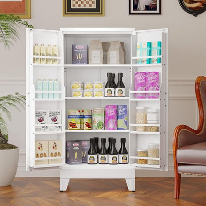 Metal Kitchen Pantry Cabinet, Storage Cabinets with 2 Door and 3 Adjustable Shelves, White Freestanding Food Storage Cabinet, Steel Cupboard for Kitchen Dinning Room