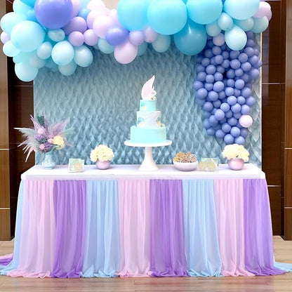 Mermaid Tulle Table Skirt Blue Pink Purple Striped Table Skirts for Rectangle Tables Frozen Baby Shower Mermaid Birthday Parties Decoration 6ft
