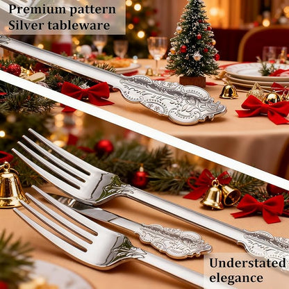 WDF 100 Piece Silver Forks Disposable - 7.48 Inch Silver Plastic Forks - Baroque Silverware for Dessert Cake - Heavy Duty Plastic Fork for Christmas Party, Wedding or Daily Using
