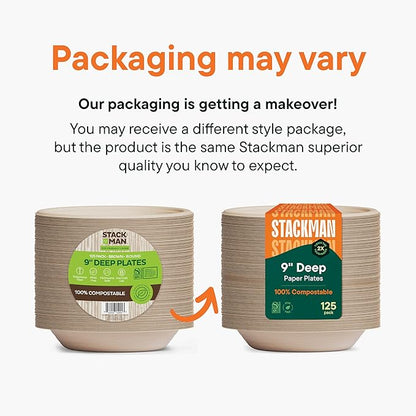 Deep Dish Paper Plates, Heavy Duty Disposable Dinner Plates [125-Pack] 9 Inch Plates - 100% Compostable Eco-Friendly, Biodegradable Sugarcane Bagasse, Natural Brown 9" Paper Plate Disposable