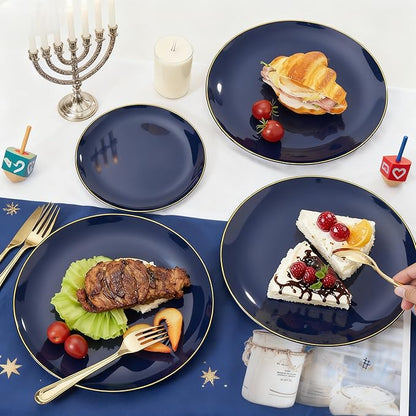 KIRE 350Pcs Blue and Gold Plates -Heavy Duty Navy Blue Dinnerware Set - 100 Plastic Plates 50 Pre Rolled Napkins with Gold Plastic Silverware 50 Cups for Upscale Hanukkah/Birthday/Wedding/Parties