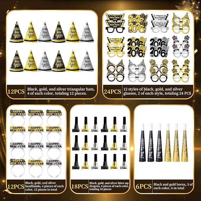 144PCS New Years Eve Party Supplies 2026 for 48 Guests, Happy New Years Decorations Party Favors Includes Cone Hats, Tiaras, Glasses, Noise Makers Accessories for Adults Kids