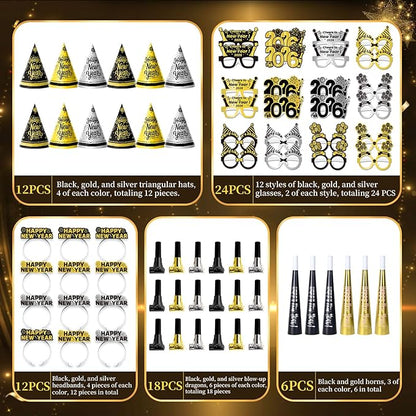 144PCS New Years Eve Party Supplies 2026 for 48 Guests, Happy New Years Decorations Party Favors Includes Cone Hats, Tiaras, Glasses, Noise Makers Accessories for Adults Kids