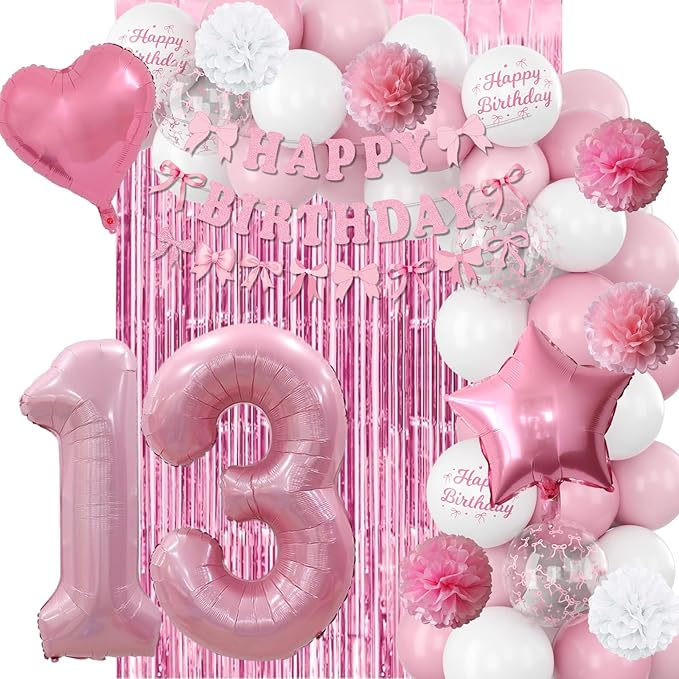 13th Birthday Decorations for Girls Pink Number 13 Balloon Bow Coquette Happy Birthday Banner Fringe Curtain Paper Pom Poms Star Heart Foil Pink White Balloons 13 Year Old Party Decor