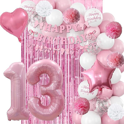 13th Birthday Decorations for Girls Pink Number 13 Balloon Bow Coquette Happy Birthday Banner Fringe Curtain Paper Pom Poms Star Heart Foil Pink White Balloons 13 Year Old Party Decor