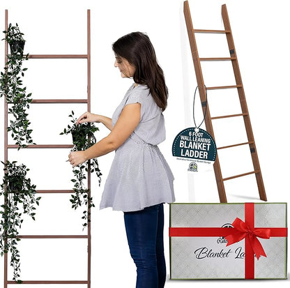 Blanket Ladder for Living Room and Bedroom, 5ft 8 inch, 6-Tier Wall Leaning Laminate No-Snag Construction (Brown) Rustic Decorative Farmhouse Blanket Storage, Quilt Rack, Ladder Shelf, Easy Assembly