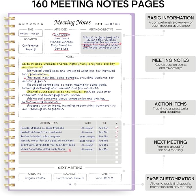 Taja Meeting Notebook for Work Organization - Work Planner Notebook with Action Items, Agenda Planner for Note Taking, 160 Pages (6.9" X 9.9") Project Organizer for Men & Women - Lavender