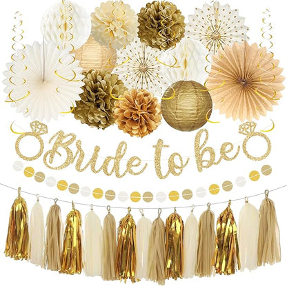 Roetyce Bachelorette Party Decorations, Gold Glitter Bride to Be Banner Paper Fans Pompoms Kit, Women Bridal Shower Party Supplies, Wedding Paper Lanterns Streamers Garland Photo Backdrop Background