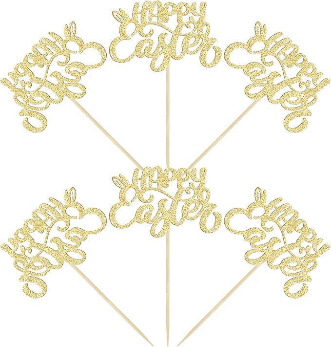 24pcs Happy Easter Cupcake Toppers - Gold Glitter Bunny Ear Cupcake Picks - Day Theme Baby Shower Kids Birthday Party Cake Decorations