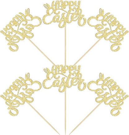 24pcs Happy Easter Cupcake Toppers - Gold Glitter Bunny Ear Cupcake Picks - Day Theme Baby Shower Kids Birthday Party Cake Decorations