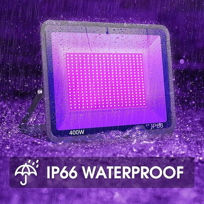 4 Pack 400W LED Flood Black Lights,395nm to 405nm UV Outdoor Flood High Power Blacklight Light with Plug in, IP66 Waterproof Large Black Light Spotlight for Glow Party Large Space, Halloween