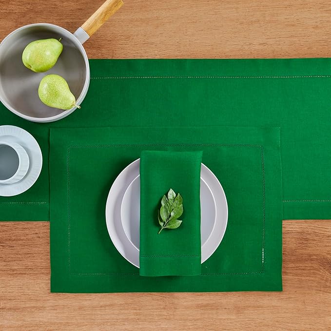 Solino Home Linen Table Runner 60 Inches - 100% Pure Linen Garden Green Hemstitch Table Runner 14 x 60 Inch Ideal for Dresser and Coffee Tables - Classic Hemstitch - Christmas, Winter