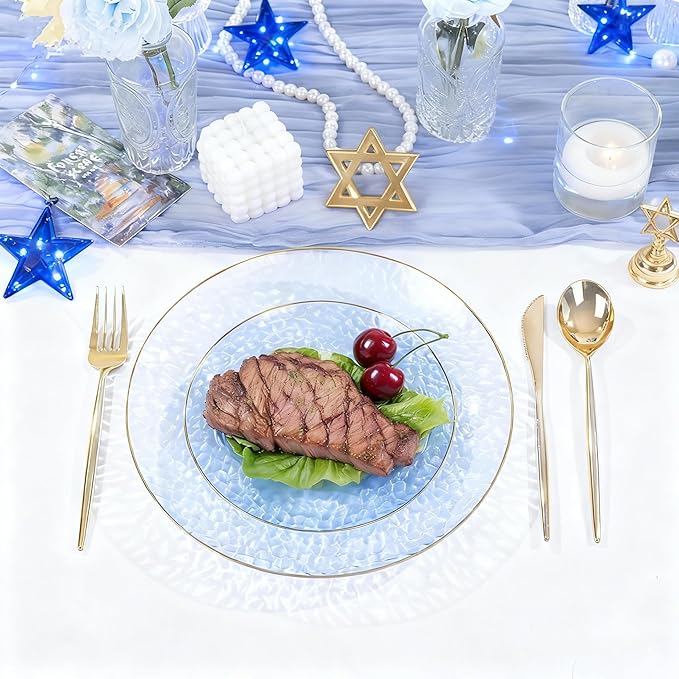 SUT 36Pcs Blue Plastic Plates, Hammered Plates Disposable Heavy Duty, Blue Disposable Plates With Gold Rim, Fancy Plastic plates Include 18 Dinner and 18 Dessert plates for Wedding