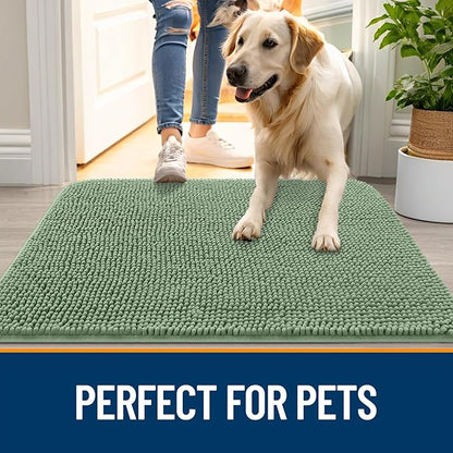 OLANLY Dog Door Mat for Muddy Paws 32x20, Absorbs Moisture and Dirt, Absorbent Non-Slip Washable Doormat, Quick Dry Chenille Mud Mat, Entry Indoor Entryway Carpet for Inside Floor, Olive Green