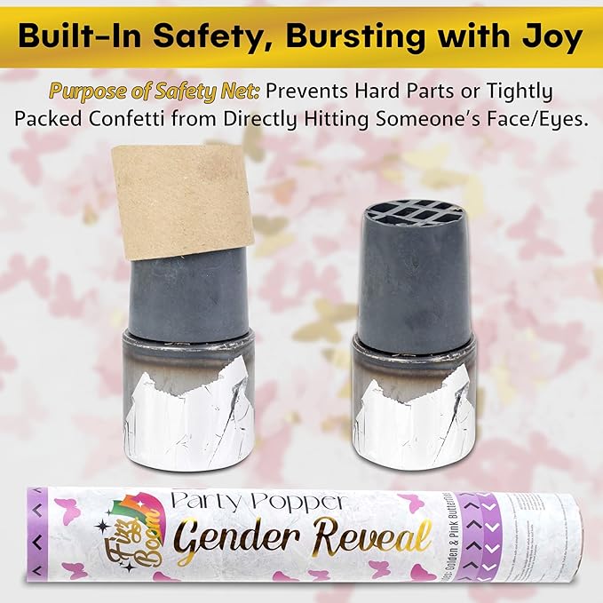 2 Pack Pink Butterfly -Shaped Confetti Poppers for Baby Gender Reveal | Pink Paper and Gold Mylar Baby Girl Party Supplies