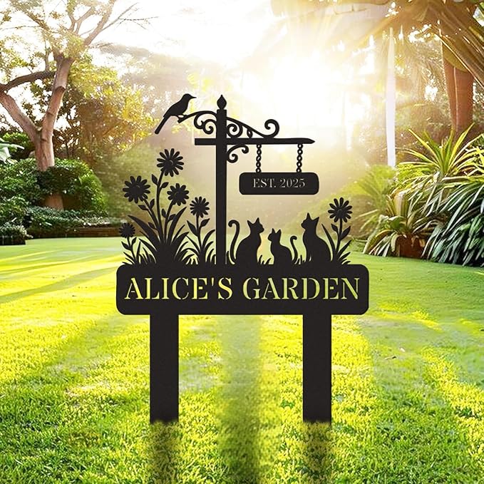 Custom Metal Sign Customized with Name & EST Date, Custom Garden Signs, Floral Yard Signs, Family Name Garden Stake, Personalized Outdoor Decor, Gift for Mother's Day, Mom Grandma Gardener Cat Lover