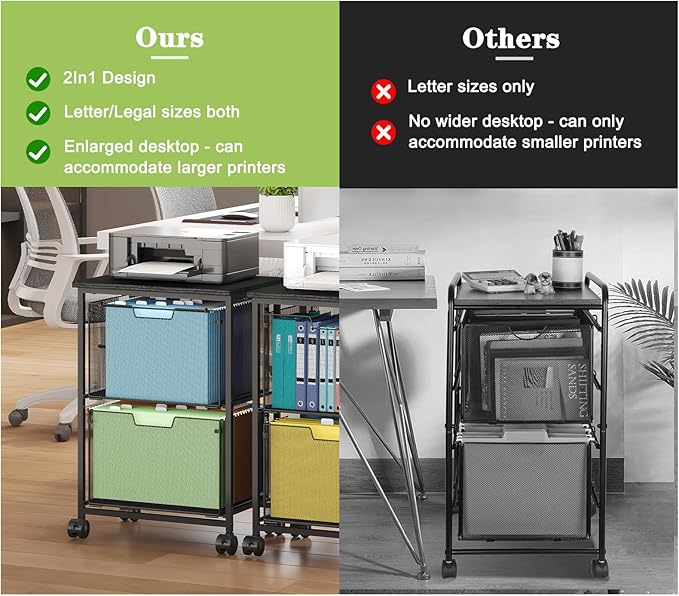 Letter/Legal Rolling File Cart with 2 Storage Drawers, Under Desk Storage, Vertical Filing Cabinet for Home Office, Hanging File Folders Organizer, Mobile Utility Cart Printer Stand, Black