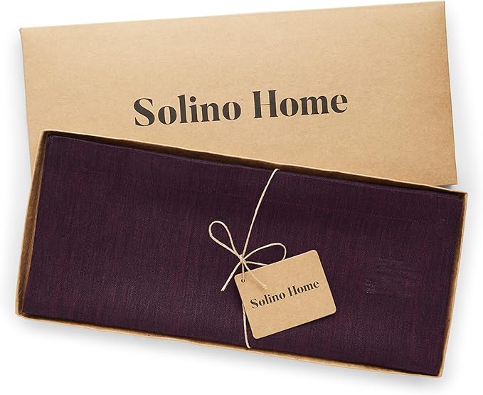 Solino Home Linen Chambray Burgundy Table Runner 132 Inches Long - Athena, 100% Pure Linen 14 x 132 Inch Table Runner for Fall, Autumn, Christmas, New Year