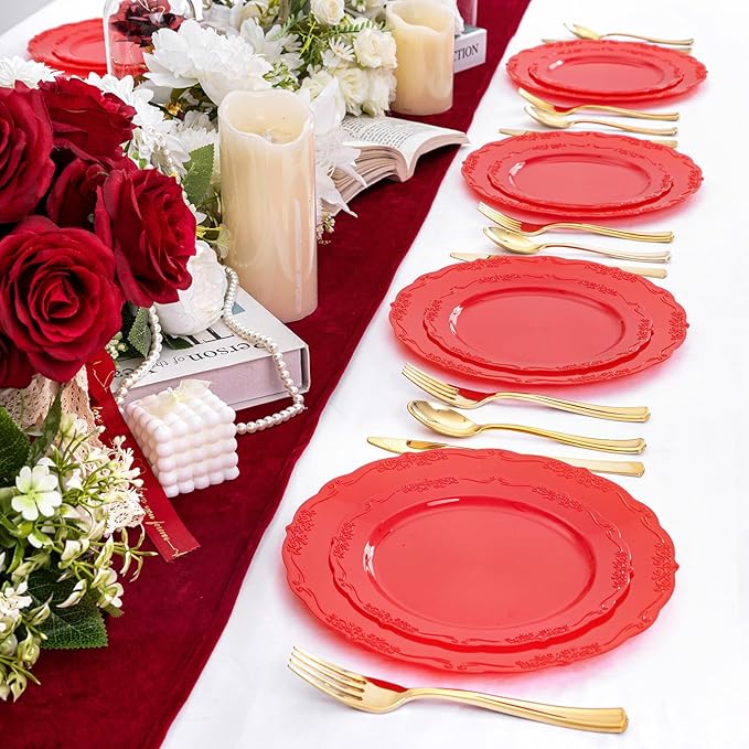 U-QE 100PCS Red Plastic Plates - Heavy Duty Plastic Disposable Party Supplies Include 50PCS 10" Dinner Plates and 50PCS 7.5" Dessert/Salad Plates for Party, Wedding