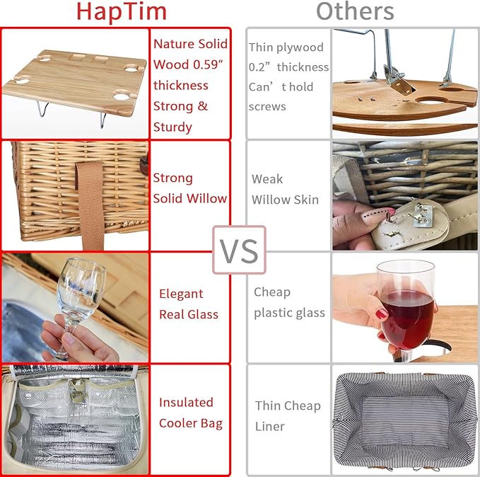 Hap Tim Wicker Picnic Basket for 4 with Mini Folding Wine Picnic Table & Large Insulated Cooler Bag & Cutlery Service Kits for 4 Person, Couples Gifts, Wedding Gifts (Y2307-4-CM)