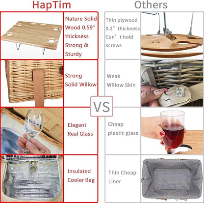 Hap Tim Wicker Picnic Basket for 4 with Mini Folding Wine Picnic Table & Large Insulated Cooler Bag & Cutlery Service Kits for 4 Person, Couples Gifts, Wedding Gifts (Y2307-4-CM)