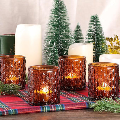 12Pcs Large Votive Candle Holders 2.8 * 3.2in Amber Tea Light Candle Holders Glass Candle Holder for Wedding Table Centerpiece, Home Decor, Birdal Shower, Party, Fall Decor