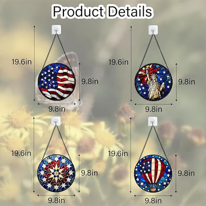 Stained Glass Window Hanging 4 Pcs Set Red Blue Flag Freedom Theme 9.8" - Suncatcher Door Garden Sun Catcher Decor Birthday Christmas for Mom Woman Nana Men Friend
