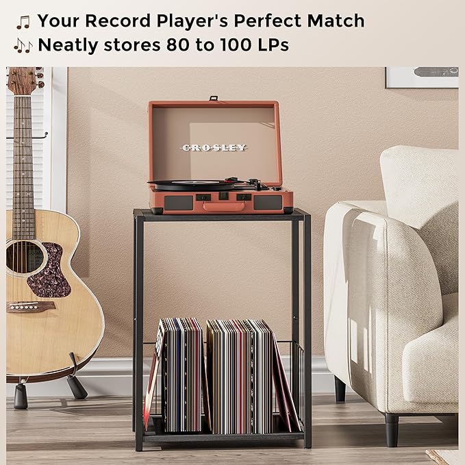 Side Table with Magazine Holder, Record Player Stand with LP Shelf, End Table for Living Room, Bedroom, or Bedside, Easy Assembly, 11" D x 16.9" W x 23.6" H, Black
