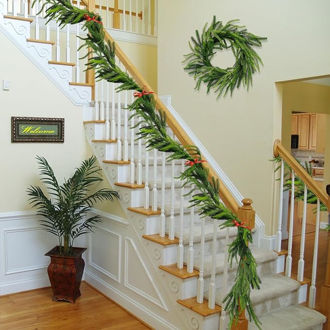 12ft Christmas Garland Table Garland Real Touch Norfolk Pine Garland, Artificial Faux Greenery Garlands for Wedding Mantle Indoor Home Decor Xmas Holiday Seasonal