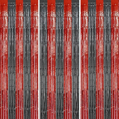 3 Pack Foil Fringe Backdrop - Red&Black Shiny Tinsel Curtains for Party Decoration/Photo Booth Props - 3.3x8.2 FT Metallic Foil Backdrop for Birthday, Wedding, Graduation, Christmas.