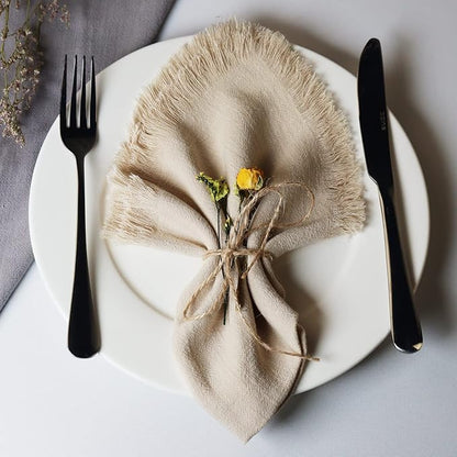 Handmade Cloth Napkins with Fringe,18 x 18 Inches Cotton Linen Napkins Set of 12 Versatile Handmade Square Rustic Fringe Napkins for Dinner, Wedding and Parties, Beige