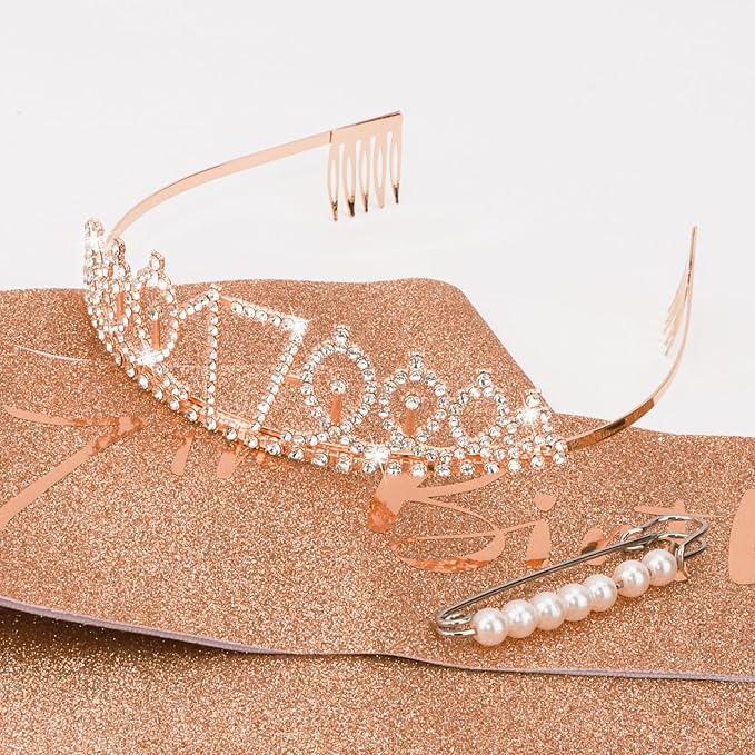 CIEHER 17th Birthday Crown and Sash for Girls, It's My 17 Bday Sash, 17th Birthday Decorations Rose Gold