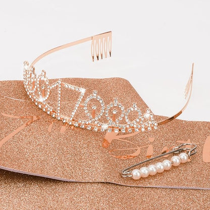 CIEHER 17th Birthday Crown and Sash for Girls, It's My 17 Bday Sash, 17th Birthday Decorations Rose Gold