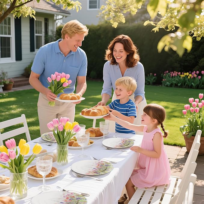 WELLIFE 20PCS Floral Plastic Plates – Tulip Flower Dinner & Dessert Plates (10×9.2" + 10×6.3") for Spring Garden Party, Mother’s Day Brunch, Bridal Shower & Girls/Ladies Party Decor