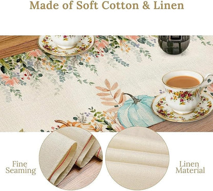 Fall Table Runner Blue Pumpkin Colorful Eucalyptus Leaves Thanksgiving Orange Green Watercolor Illustration Decor for Farmhouse Indoor Outdoor Party Holiday Dining Kitchen Restaurant Cafe W13xL120in