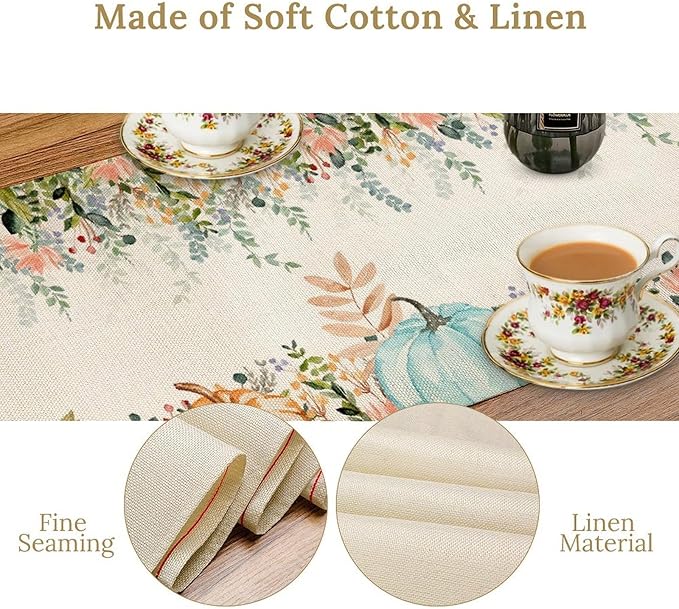 Fall Table Runner Blue Pumpkin Colorful Eucalyptus Leaves Thanksgiving Orange Green Watercolor Illustration Decor for Farmhouse Indoor Outdoor Party Holiday Dining Kitchen Restaurant Cafe W13xL90in
