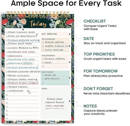 Taja To Do List Notepad - To Do List Notebook for Work with 52 Sheets, 9.8" x 6.5", Undated Daily Planner Perfect for Daily Tasks and Goal Setting, Notepad Suitable for Office, Home & School - Sage Blossom