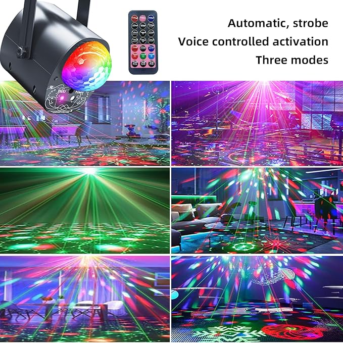 Disco Ball Light Party Lights with Multi-Color Laser Pattern, Sound Activated Strobe Lamp, Remote Control, Home Karaoke Dance Decoration for Birthday Parties, Events & Nightclubs (ABS Plastic)