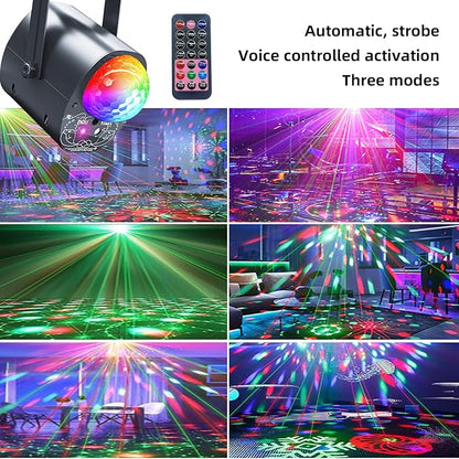 Disco Ball Light Party Lights with Multi-Color Laser Pattern, Sound Activated Strobe Lamp, Remote Control, Home Karaoke Dance Decoration for Birthday Parties, Events & Nightclubs (ABS Plastic)