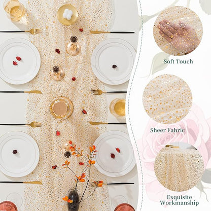 10 Pcs Gold Table Runners, 28In x 10 Ft Sheer Chiffon Tulle Cheesecloth with Glitter Metallic Foil, Golden Sequin Gauze Runner for Wedding, Birthday, Baby Shower, Anniversary Party Decor, Polka Dots
