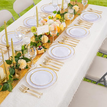 EI 150pcs White Plastic Plates with Gold Plastic Silverware,Disposable Plate Heavy Duty,White Dinnerware Set,Elegant Plates for Party,Wedding,Thanksgiving,Christmas,New Year